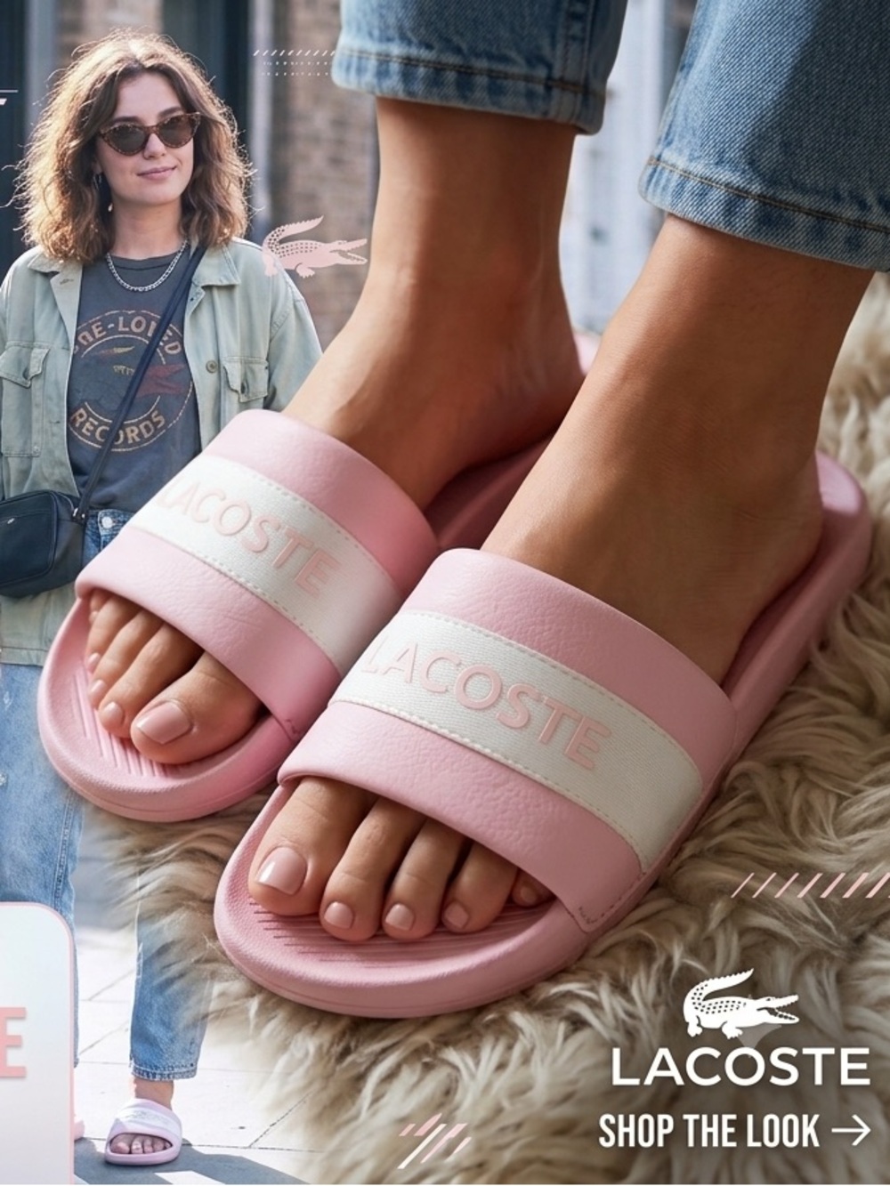 Lacoste women’s designer Pink White Logo Slide Sandals dressy casual 9 comfort